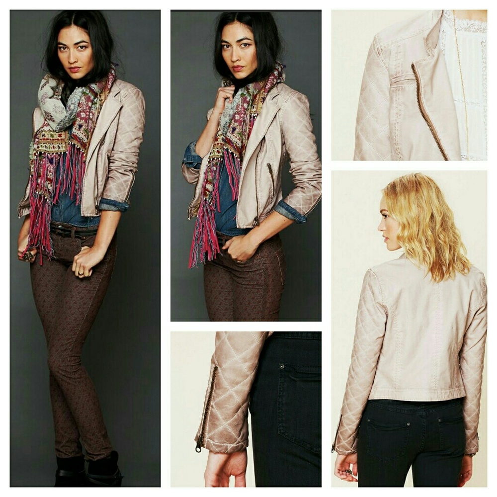 Free People Beige Quilted Vegan Leather Jacket